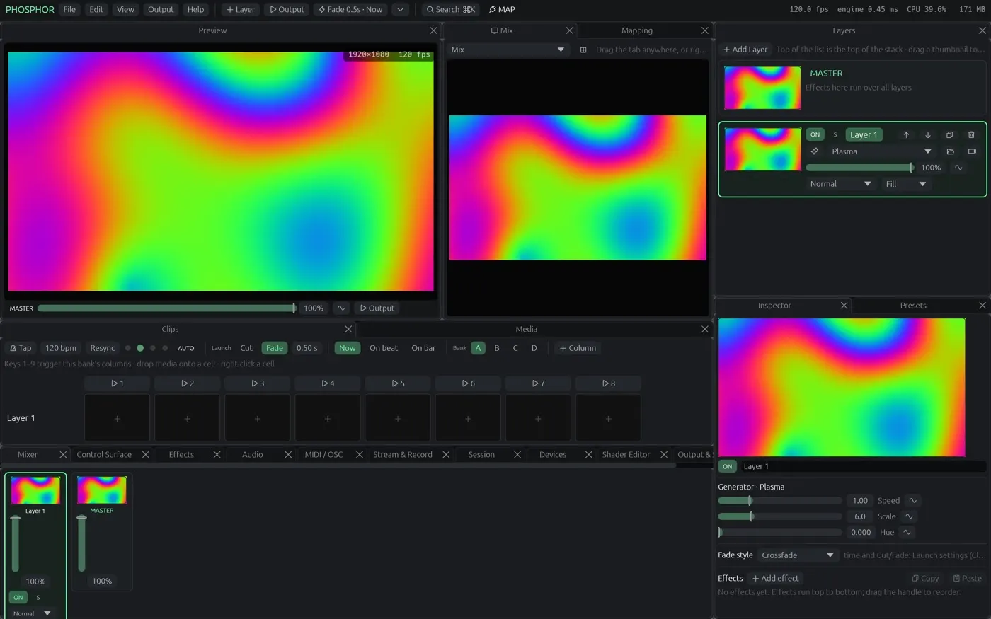 Phosphor's main window: preview, mixer, mapping, layers, clip grid and inspector